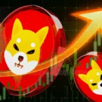 Moedas vermelhas com o logotipo do Shiba Inu em amarelo sobrepostas a um gráfico de trading com seta ascendente laranja.