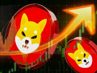 Moedas vermelhas com o logotipo do Shiba Inu em amarelo sobrepostas a um gráfico de trading com seta ascendente laranja.