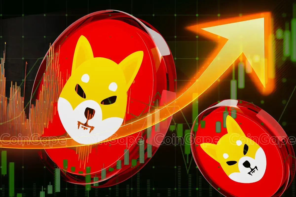 Moedas vermelhas com o logotipo do Shiba Inu em amarelo sobrepostas a um gráfico de trading com seta ascendente laranja.