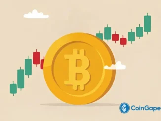 Moeda de Bitcoin dourada com gráfico de análise técnica mostrando candlesticks verdes e vermelhos em fundo bege.