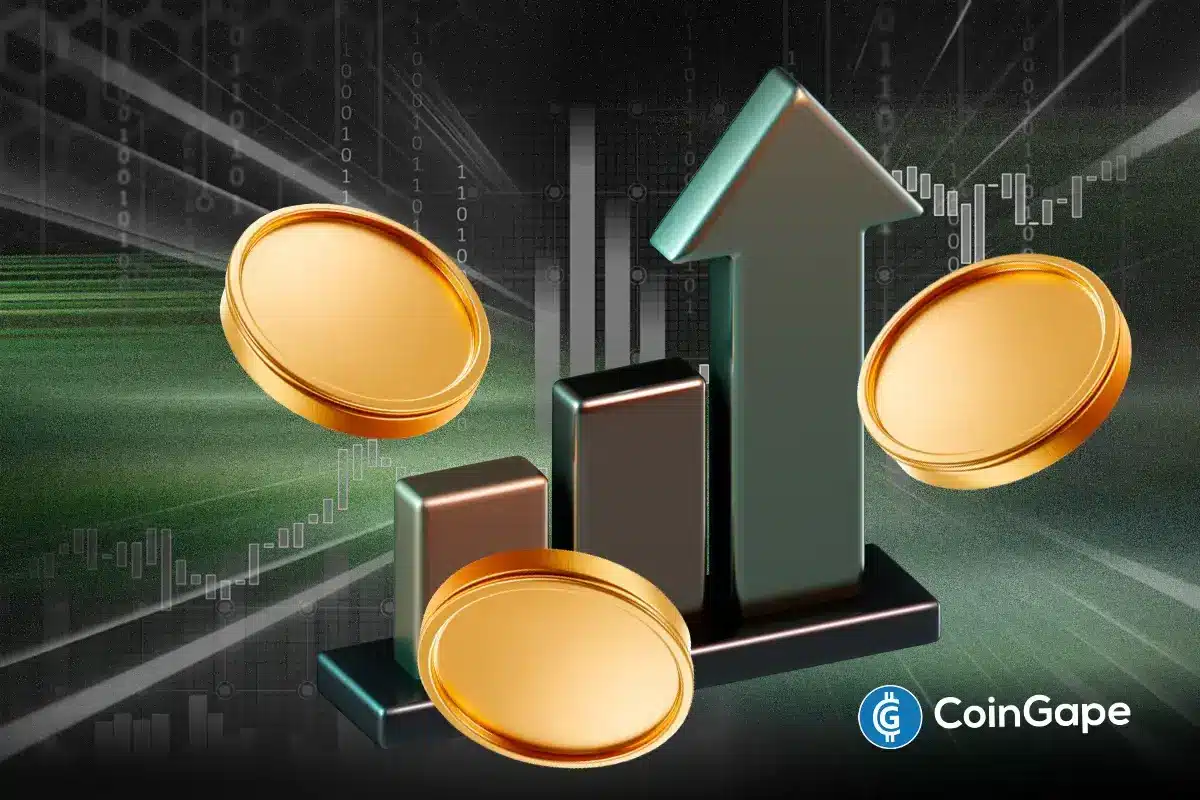 Ilustração de gráfico em alta com moedas douradas e seta verde ascendente sobre fundo com dados binários.