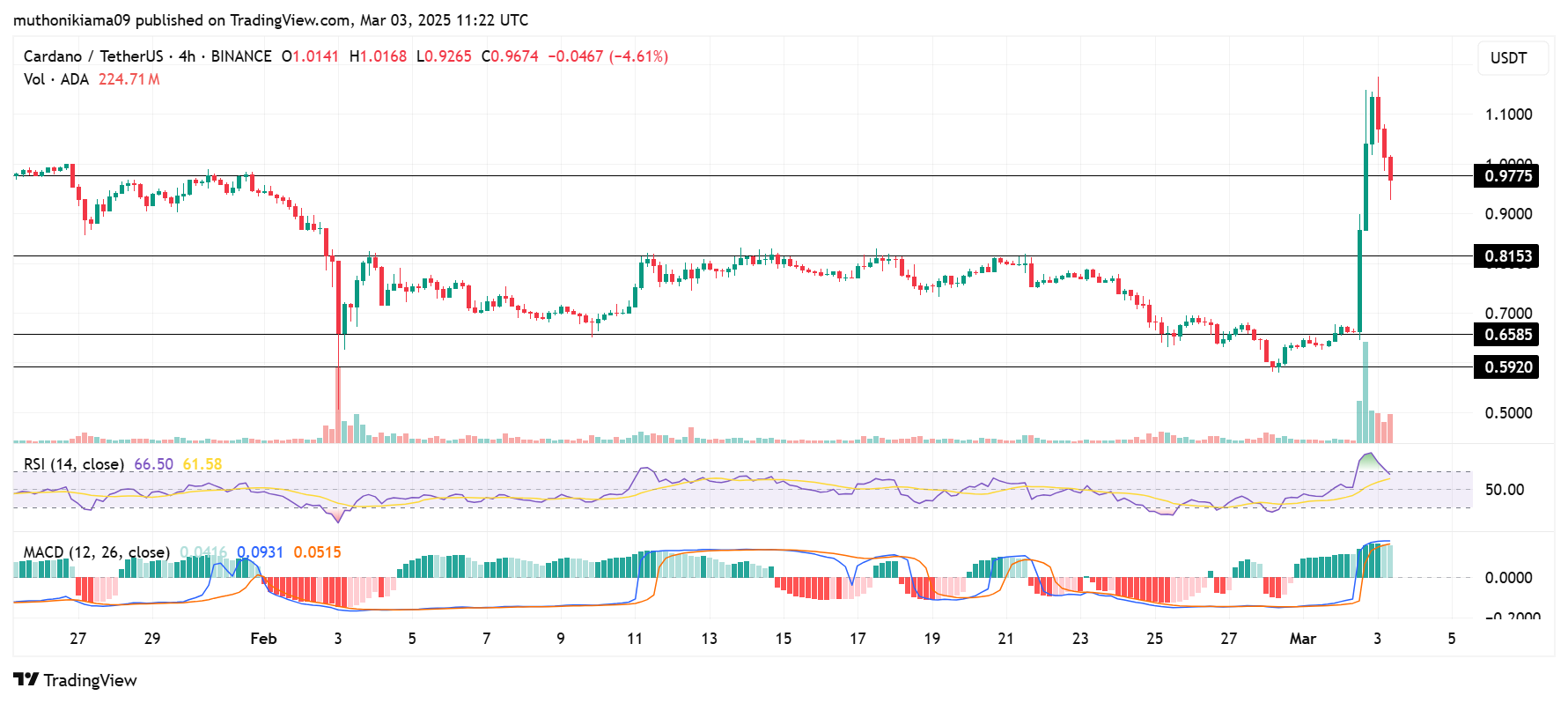 Gráfico de 4 horas do par ADA/USDT na Binance mostrando a alta e correção do Cardano.