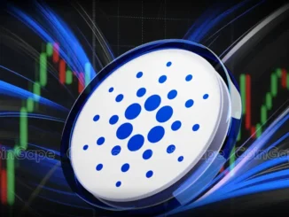 Logo da Cardano com seu símbolo azul e branco sobre um fundo de gráfico financeiro com velas verdes e vermelhas.