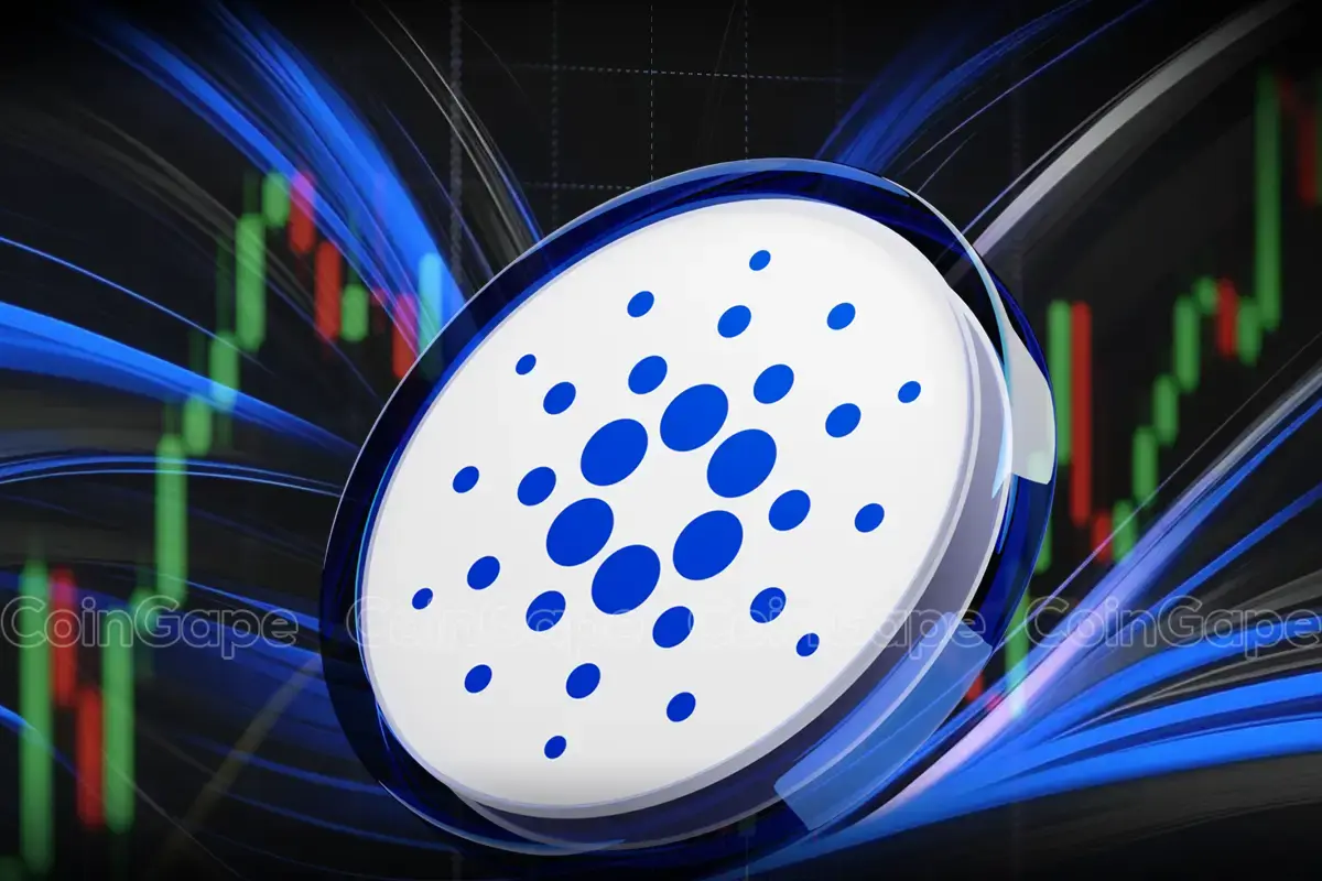 Logo da Cardano com seu símbolo azul e branco sobre um fundo de gráfico financeiro com velas verdes e vermelhas.