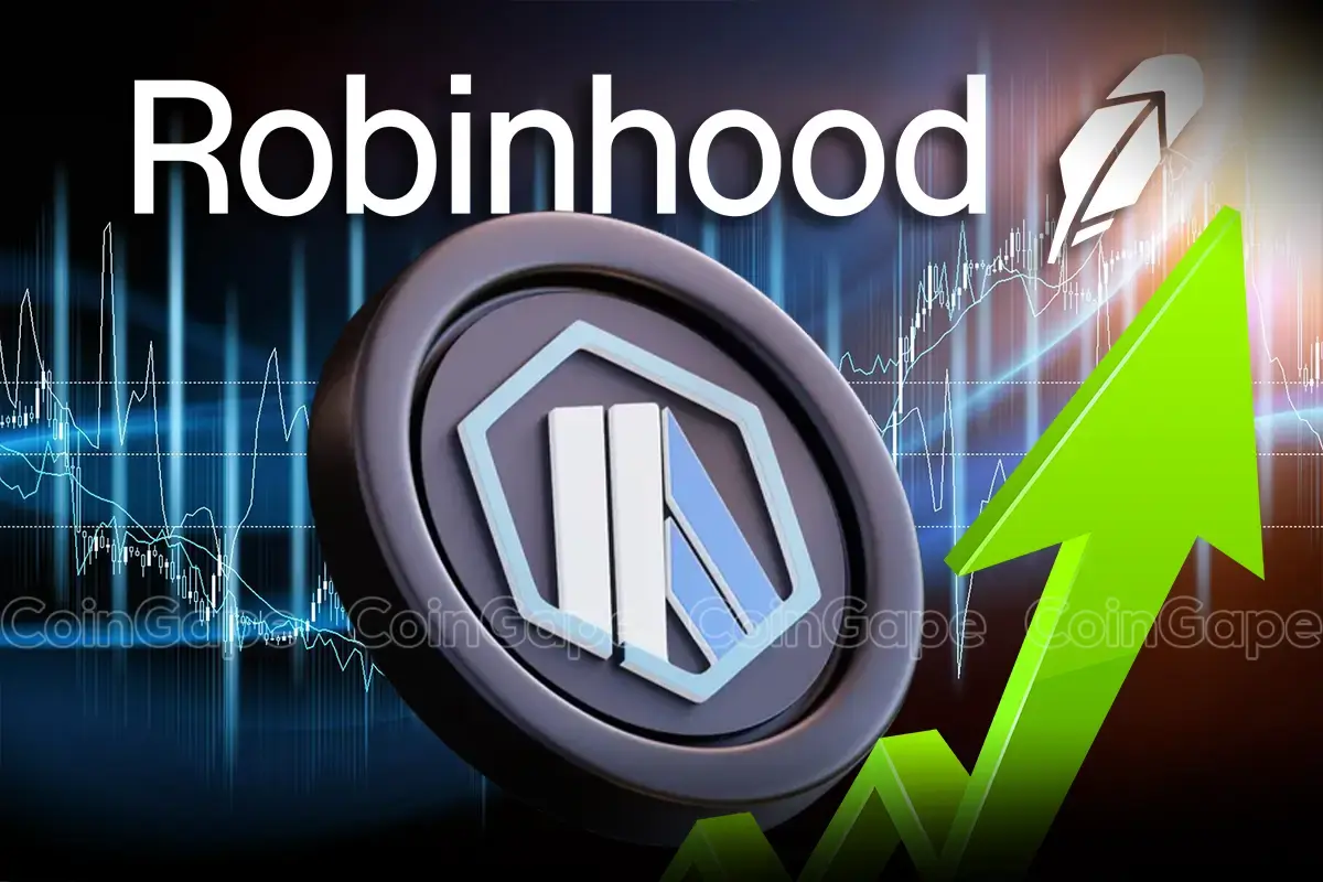 Imagem ilustrativa mostrando o logo da Robinhood, o símbolo do Arbitrum e uma seta verde de alta, representando a valorização da criptomoeda.