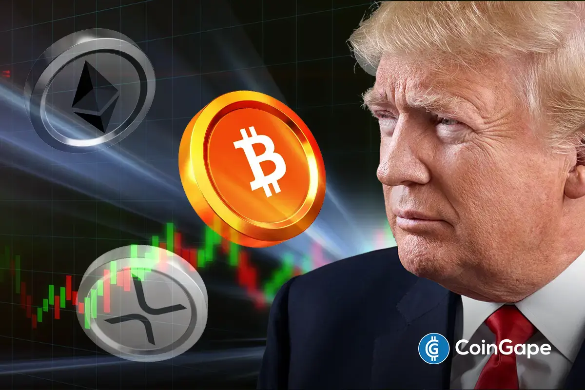 Donald Trump ao lado de símbolos de Bitcoin, Ethereum e XRP em um fundo de gráfico de mercado.