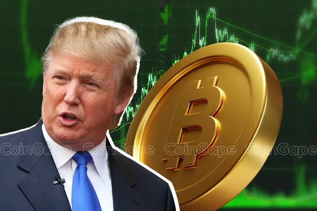 Montagem com Donald Trump e uma moeda dourada de Bitcoin em frente a um gráfico de mercado em verde.