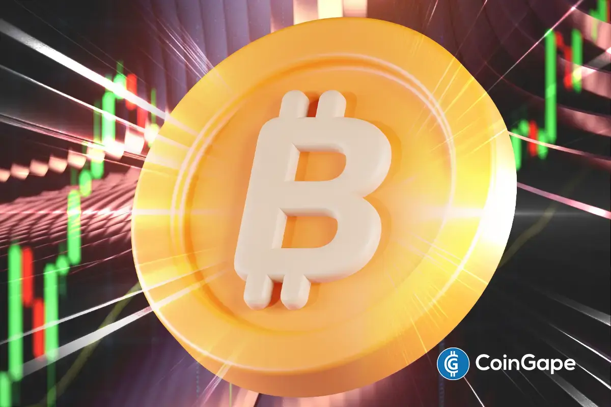 Moeda de Bitcoin dourada sobreposta a um gráfico de análise técnica com candles verdes e vermelhos.