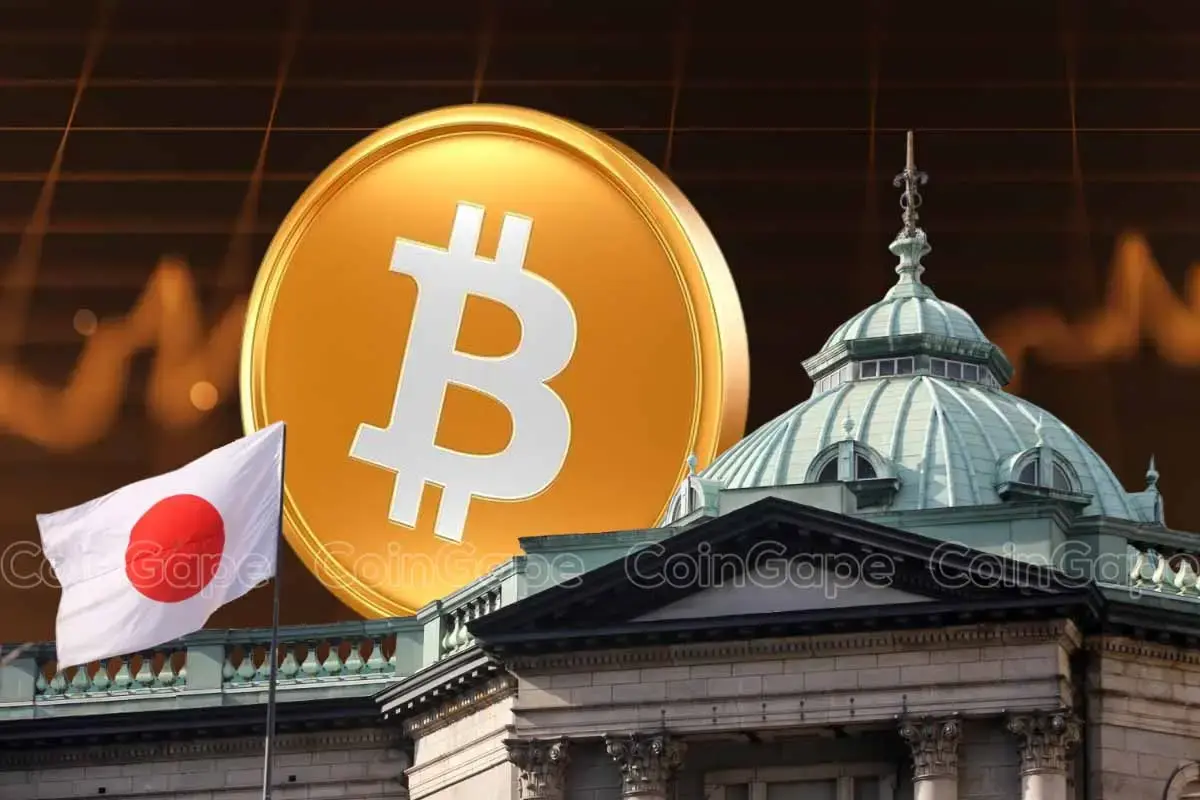 Imagem mostrando uma moeda de Bitcoin dourada ao lado de um edifício governamental japonês com a bandeira do Japão.