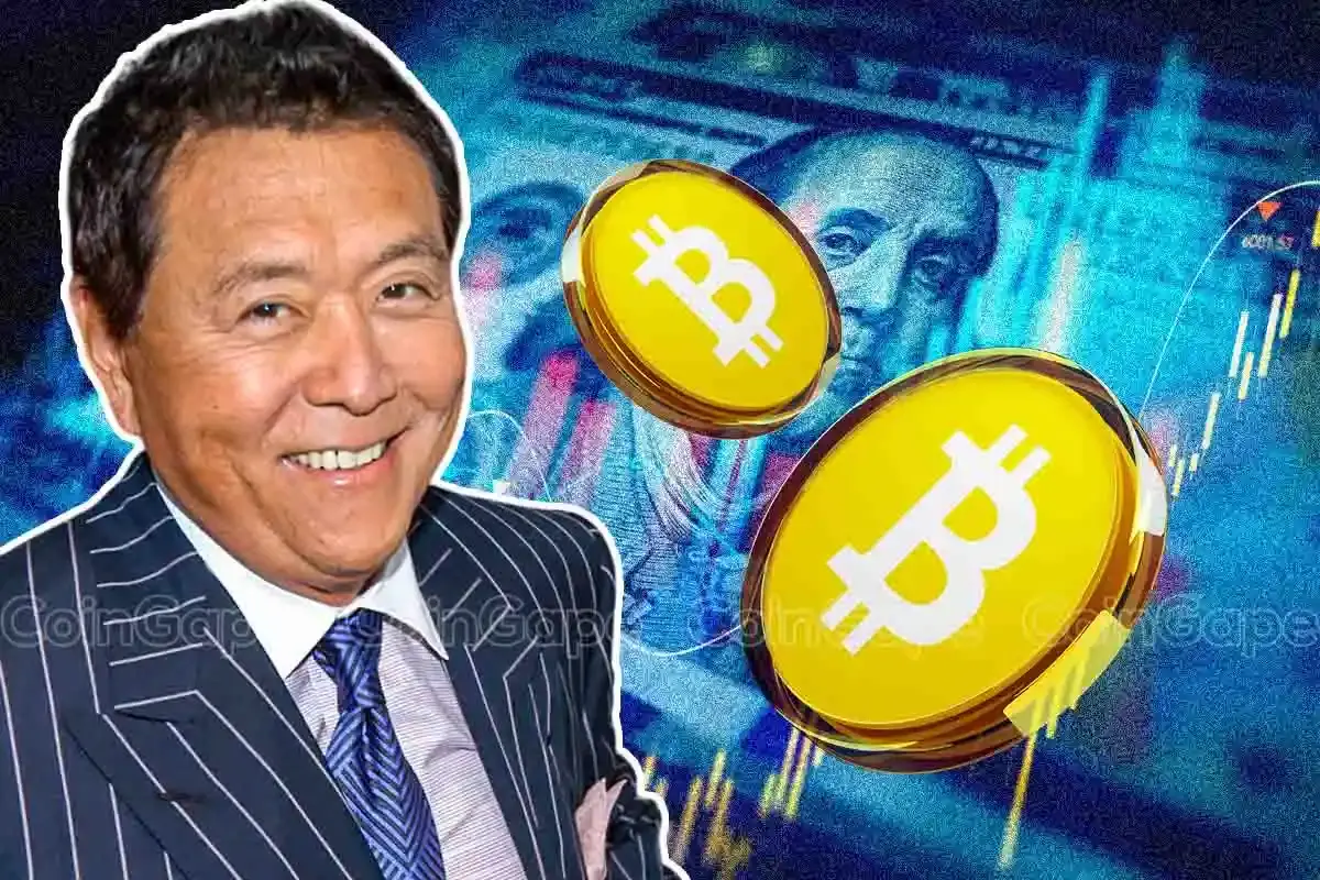 Robert Kiyosaki sorrindo ao lado de moedas de Bitcoin sobre fundo de nota de dólar e gráficos financeiros.