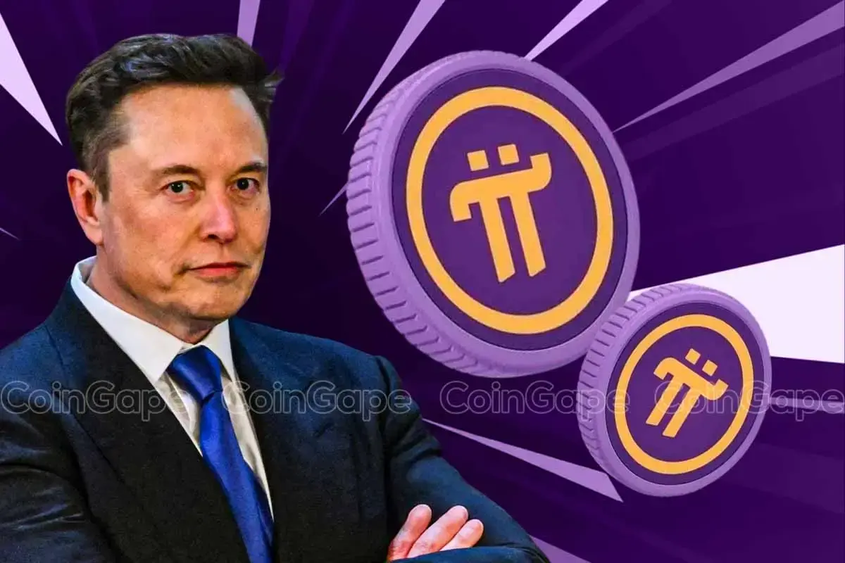 Montagem com imagem de uma pessoa em traje formal ao lado de moedas Pi Network roxas com símbolo dourado.