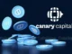 Moedas digitais SUI em azul com o logo da Canary Capital em fundo escuro.