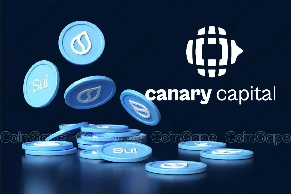 Moedas digitais SUI em azul com o logo da Canary Capital em fundo escuro.