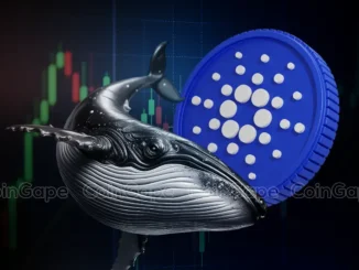 Imagem conceitual mostrando uma baleia metálica ao lado de uma moeda de Cardano (ADA) com gráficos de preço ao fundo.