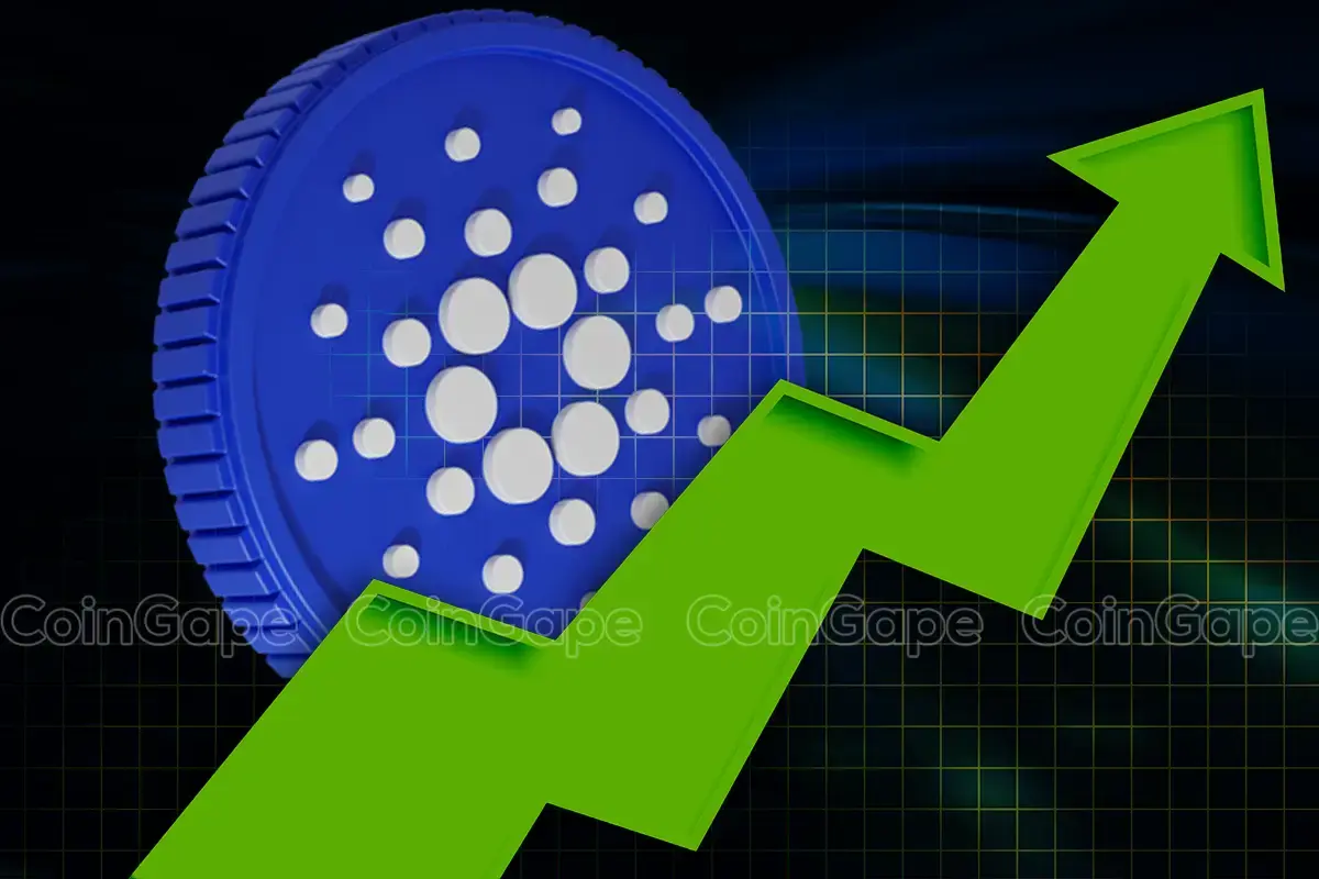 Representação 3D da criptomoeda Cardano (ADA) com um gráfico verde de alta em fundo escuro.