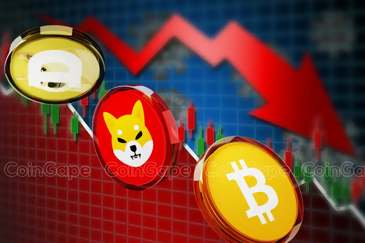 Gráfico de mercado em queda com moedas de Bitcoin, Shiba Inu e outra criptomoeda em primeiro plano.