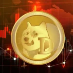 Moeda do Dogecoin com fundo de gráfico de preços em vermelho indicando tendência de baixa.