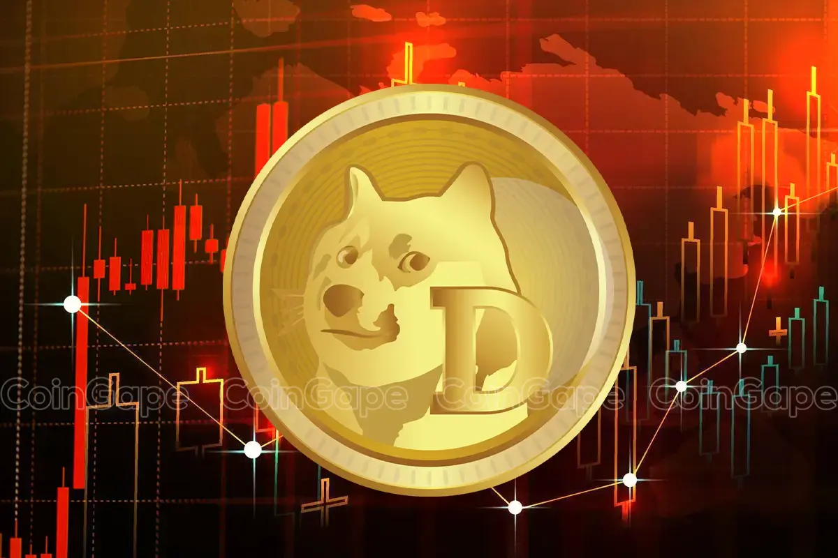 Moeda do Dogecoin com fundo de gráfico de preços em vermelho indicando tendência de baixa.