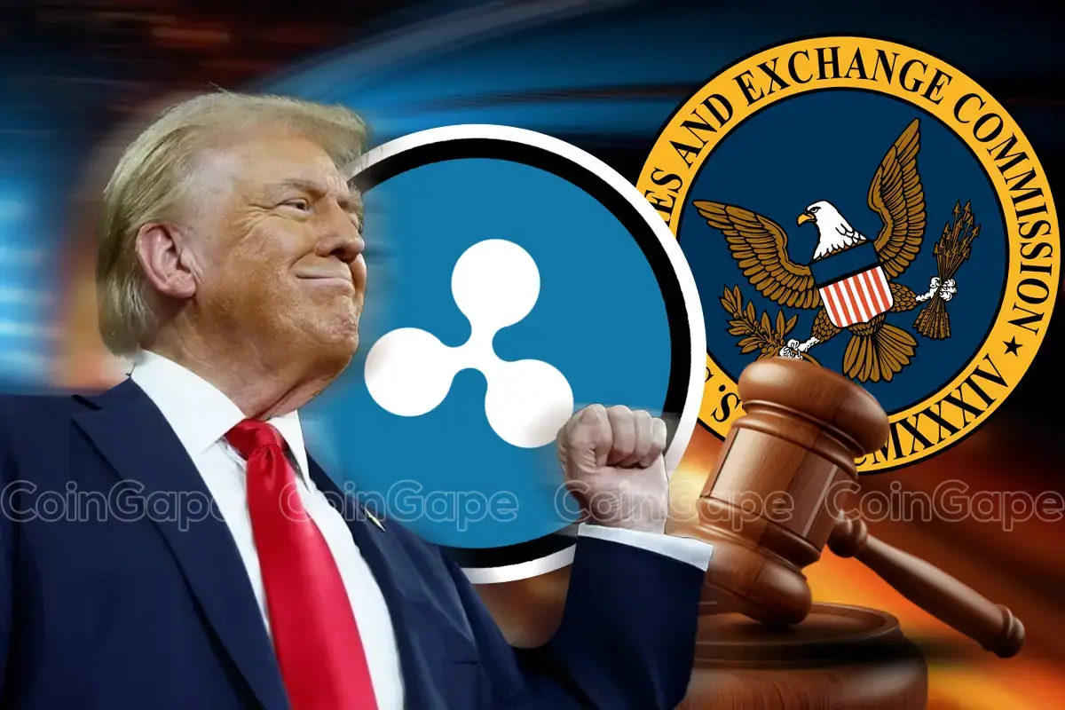 Donald Trump ao lado do logo da XRP, com o símbolo da SEC e um martelo de juiz em fundo azul e laranja.