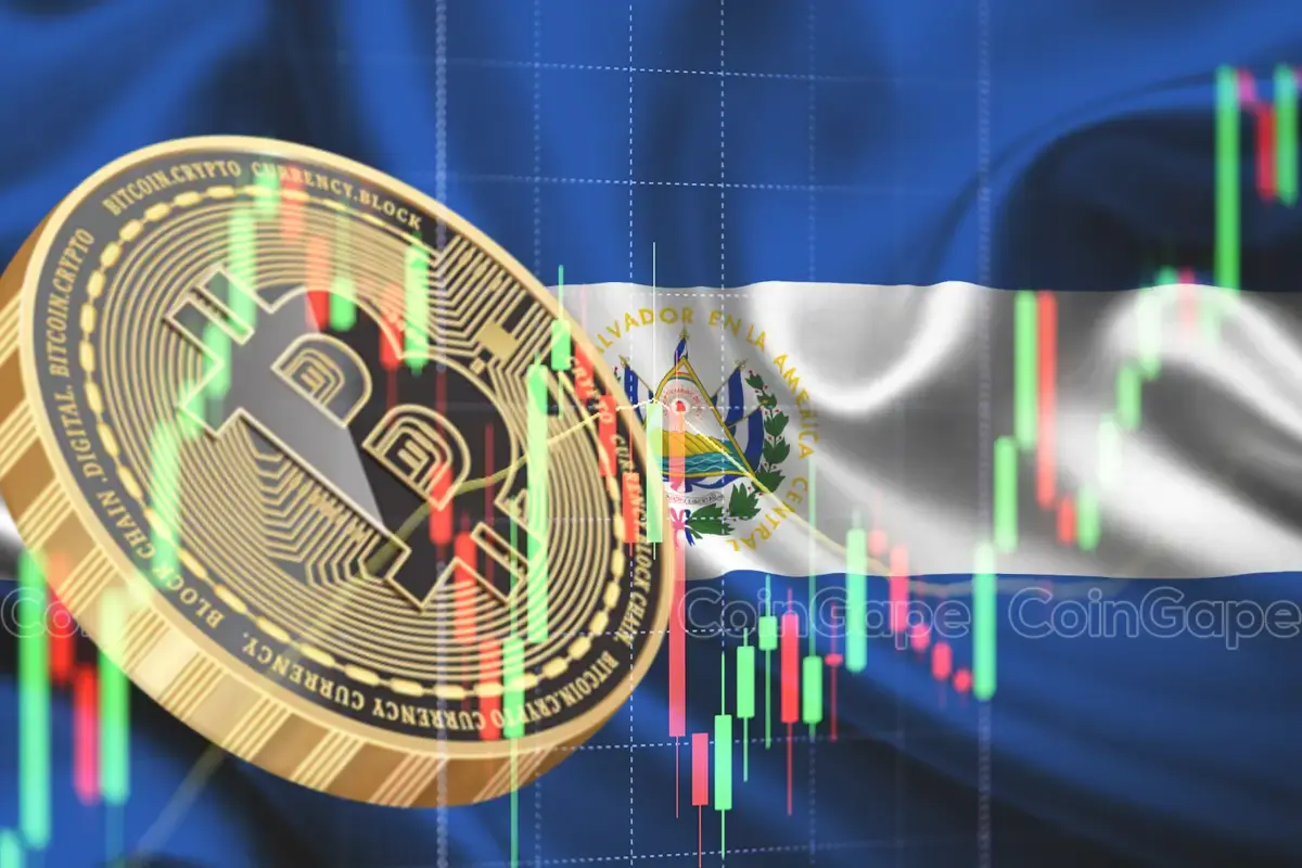 Moeda de Bitcoin sobreposta à bandeira de El Salvador com gráfico de preços ao fundo.