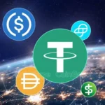 Logotipos de diferentes stablecoins, com destaque para o Tether (USDT) no centro, flutuando acima de uma rede global iluminada.