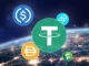 Logotipos de diferentes stablecoins, com destaque para o Tether (USDT) no centro, flutuando acima de uma rede global iluminada.