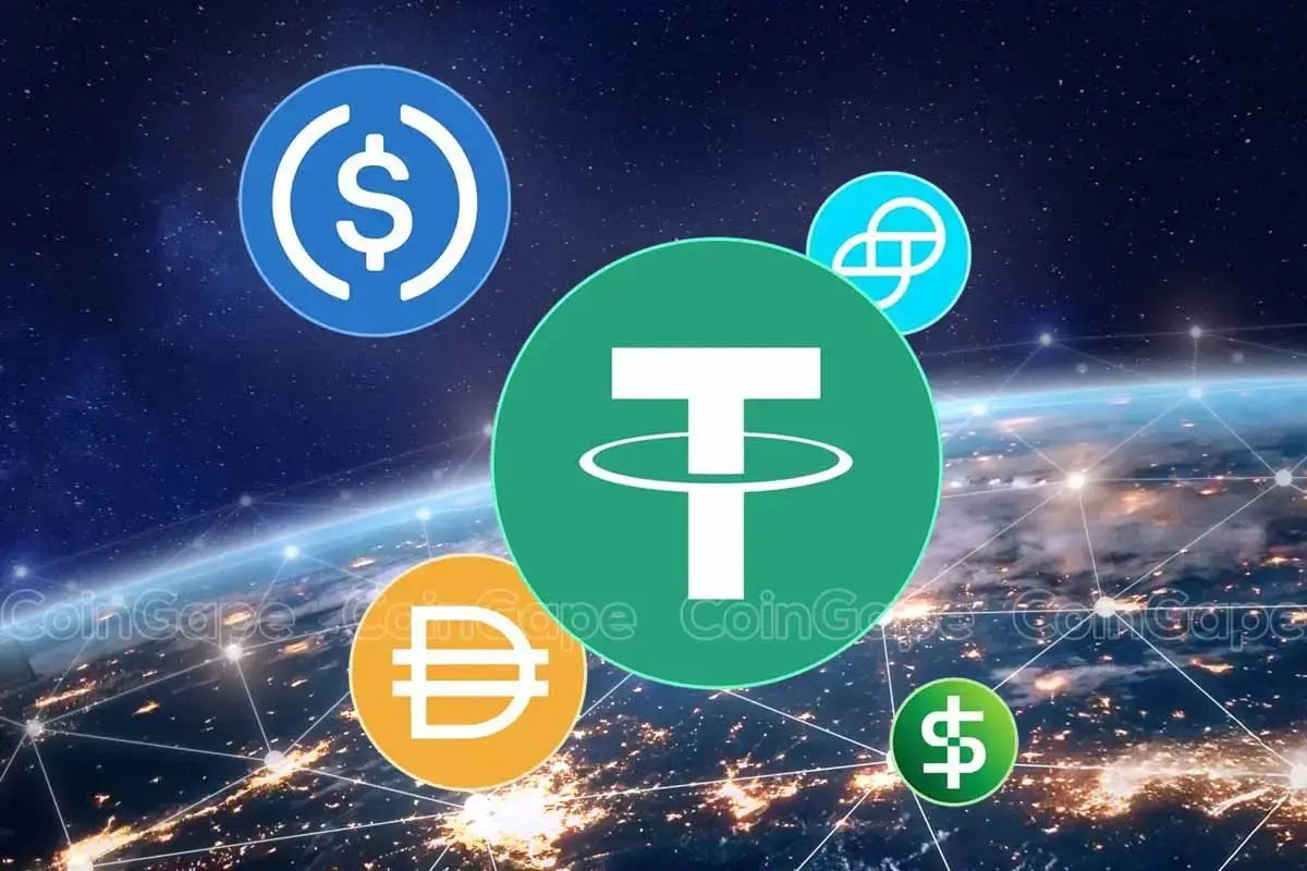 Logotipos de diferentes stablecoins, com destaque para o Tether (USDT) no centro, flutuando acima de uma rede global iluminada.