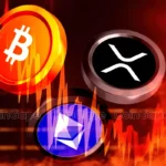 Imagem mostrando os símbolos de Bitcoin, XRP e Ethereum sobre um fundo vermelho com gráficos de preços em queda.