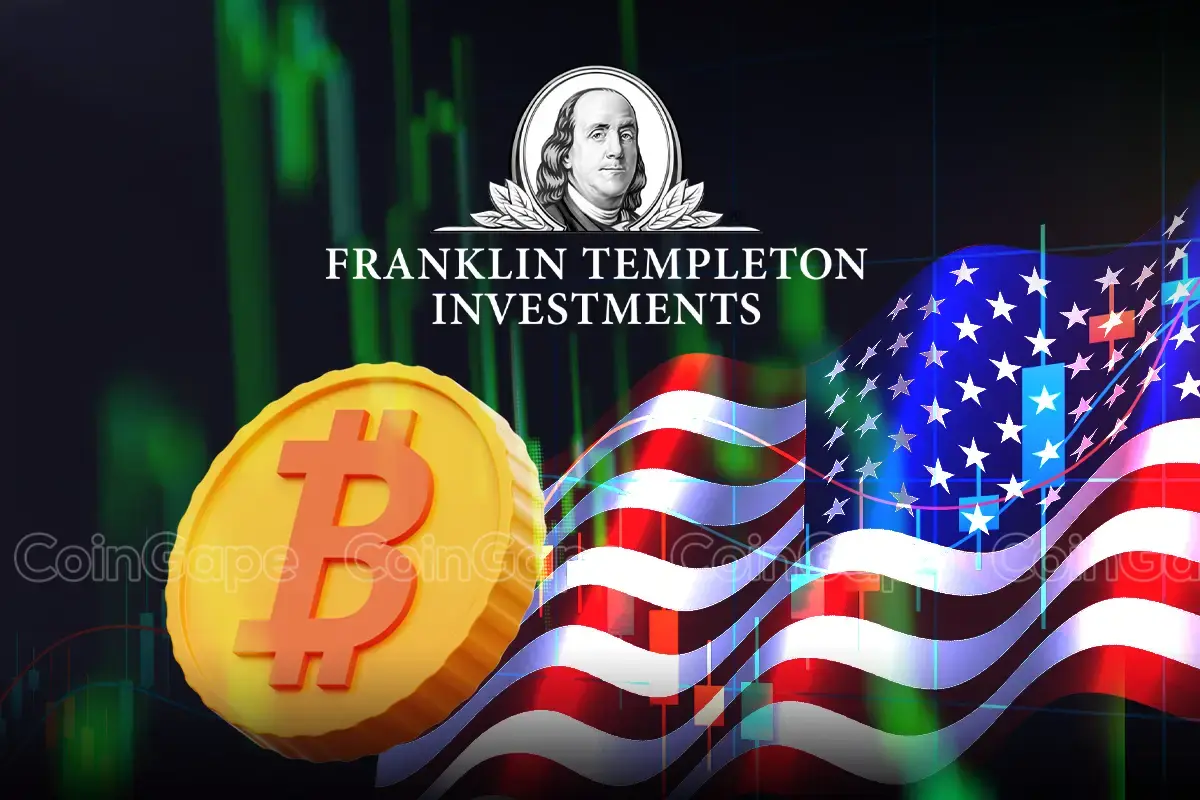 Logo da Franklin Templeton Investments sobreposto a uma moeda de Bitcoin e bandeira americana com gráfico de mercado ao fundo.