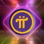 Símbolo da Pi Network em amarelo sobre fundo roxo com efeitos luminosos.
