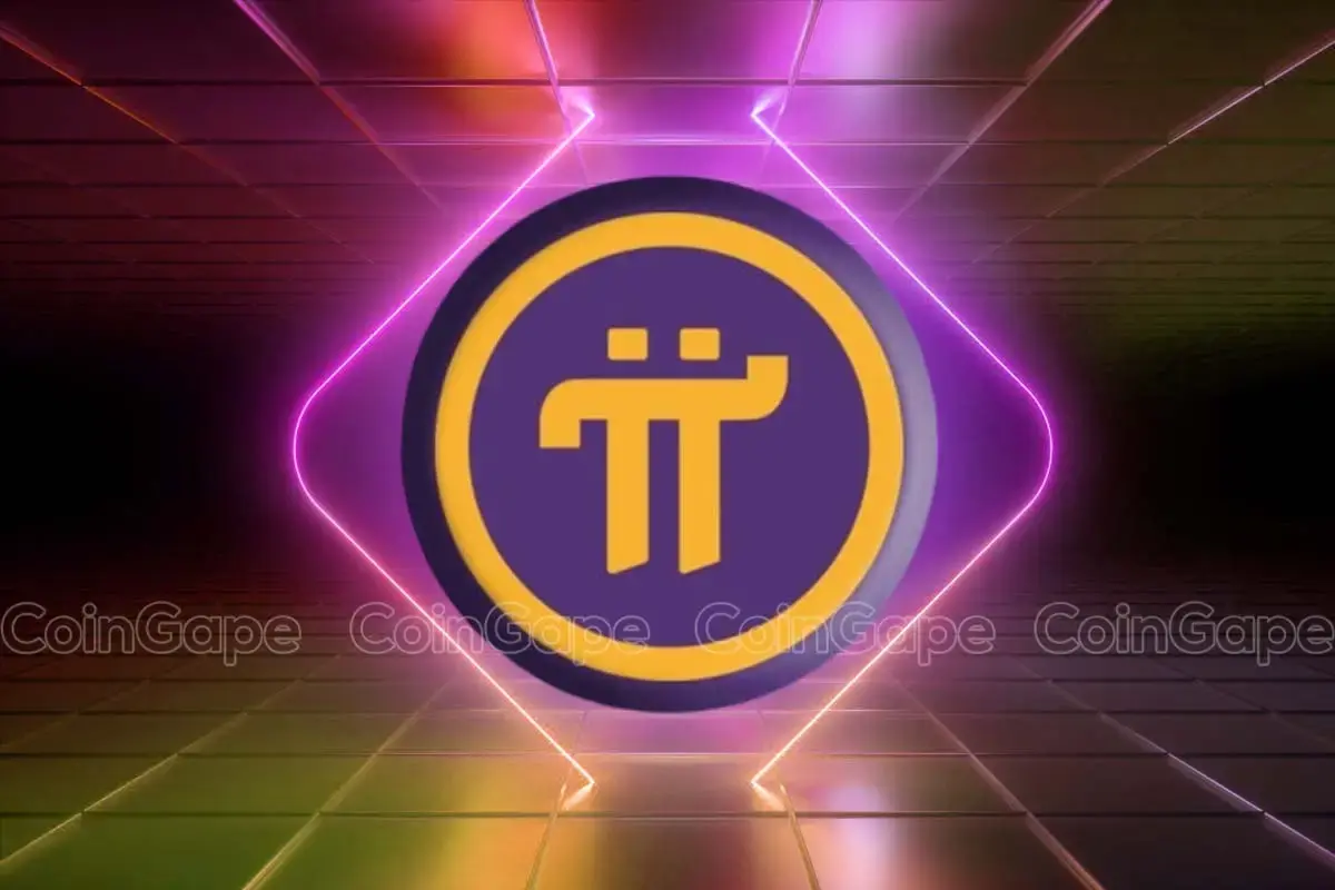 Símbolo da Pi Network em amarelo sobre fundo roxo com efeitos luminosos.