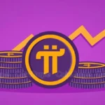 Logo da criptomoeda Pi Network com pilhas de moedas sobre fundo roxo e uma linha de tendência de alta.