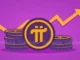 Logo da criptomoeda Pi Network com pilhas de moedas sobre fundo roxo e uma linha de tendência de alta.