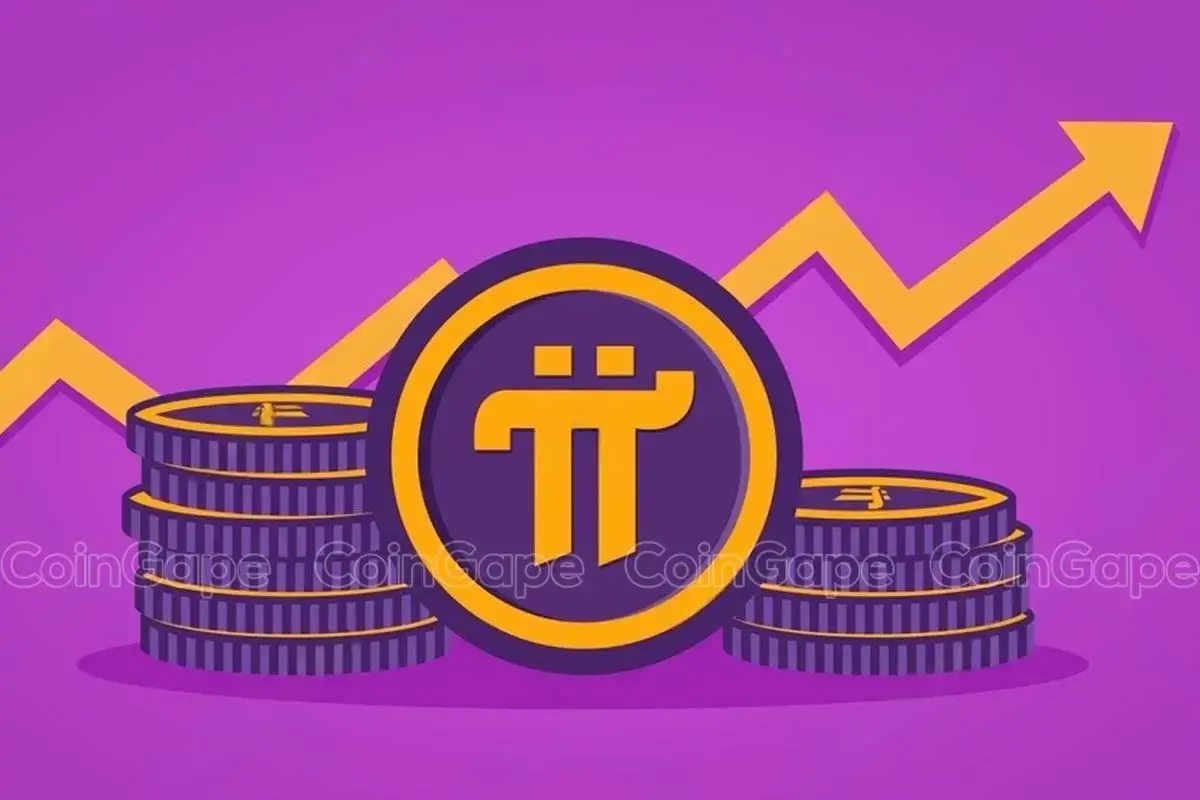 Logo da criptomoeda Pi Network com pilhas de moedas sobre fundo roxo e uma linha de tendência de alta.