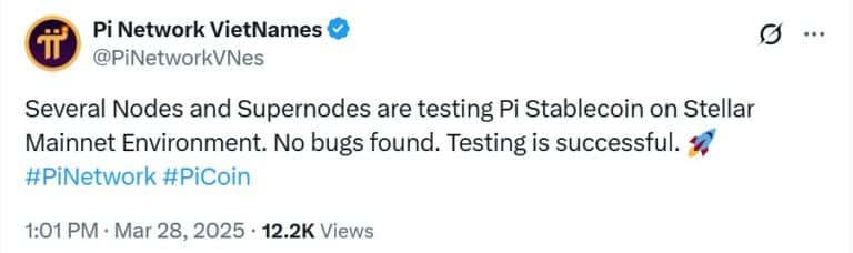 Tweet da conta Pi Network VietNames confirmando testes bem-sucedidos da Pi Stablecoin na rede Stellar.