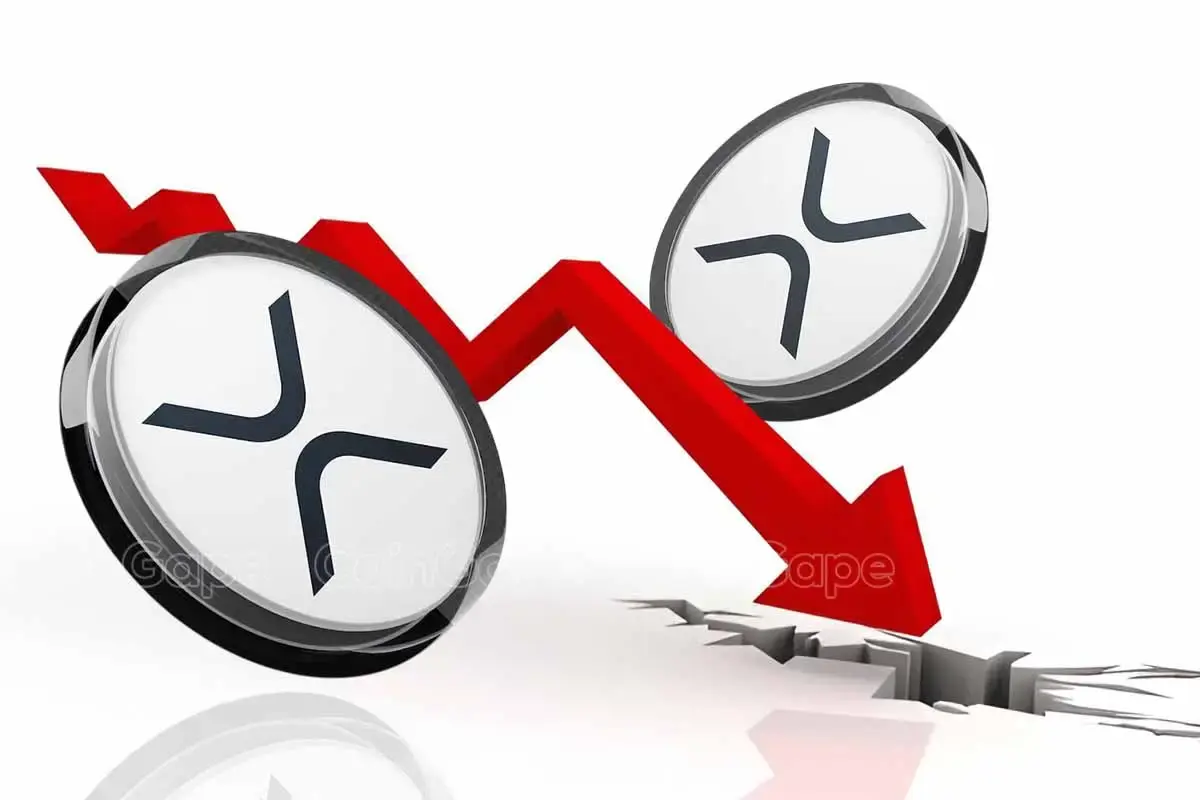 Gráfico mostrando o logotipo do XRP com uma seta vermelha descendente, indicando pressão de baixa no preço da criptomoeda.