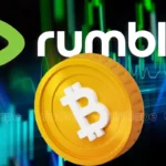 Logo da Rumble ao lado de uma moeda de Bitcoin dourada com gráficos de mercado em fundo verde e azul.