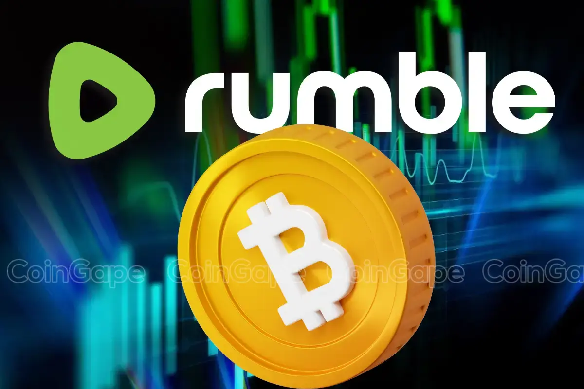 Logo da Rumble ao lado de uma moeda de Bitcoin dourada com gráficos de mercado em fundo verde e azul.