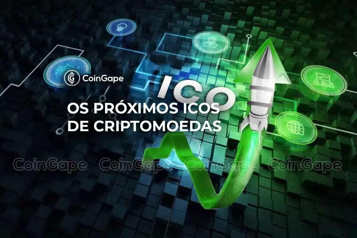 Imagem conceitual mostrando um foguete e gráfico de crescimento verde, com ícones de criptomoedas e o texto "ICO OS PRÓXIMOS ICOS DE CRIPTOMOEDAS".