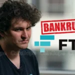 Sam Bankman-Fried ao lado do logo da FTX com um carimbo vermelho de "BANKRUPT" sobreposto.