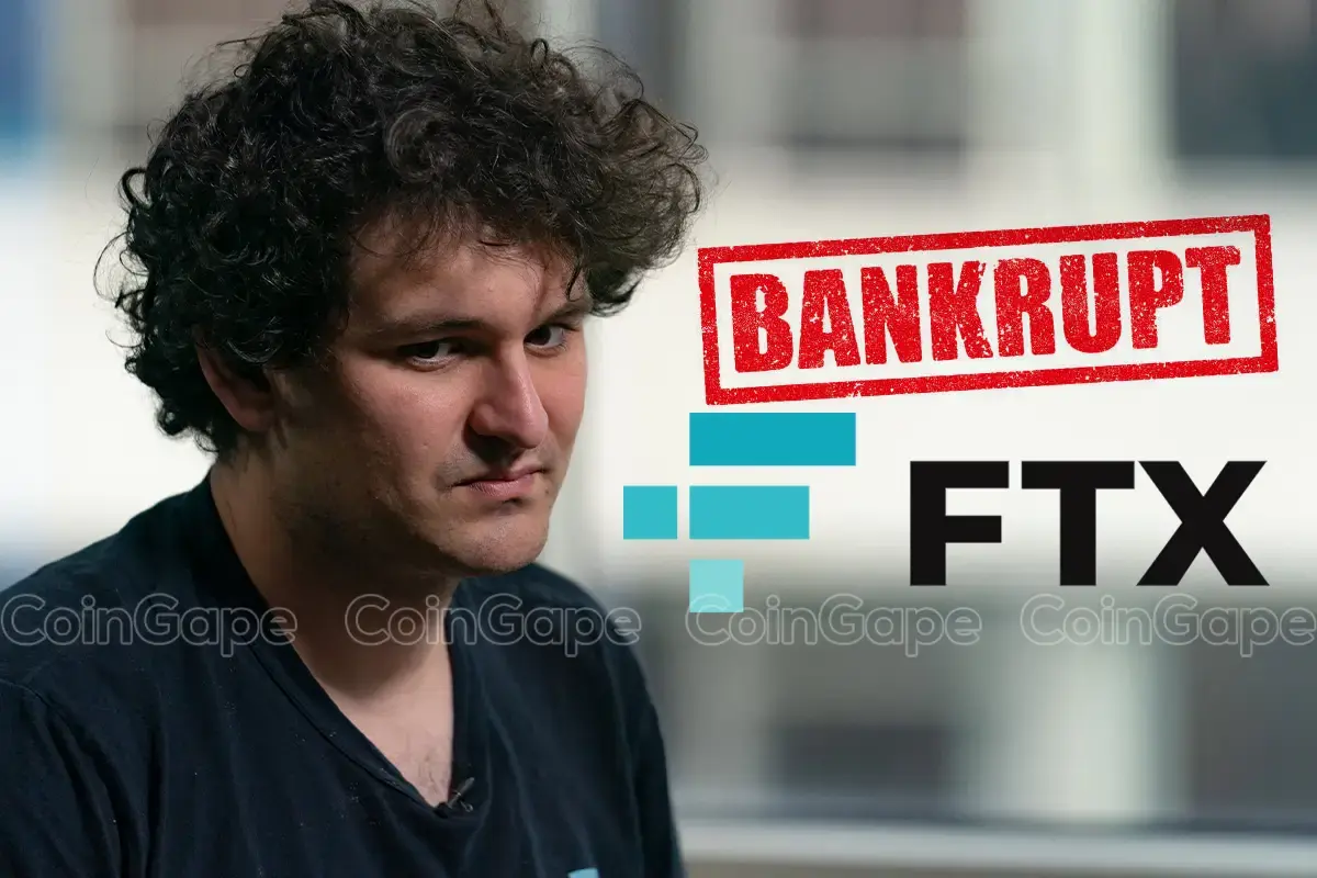 Sam Bankman-Fried ao lado do logo da FTX com um carimbo vermelho de "BANKRUPT" sobreposto.