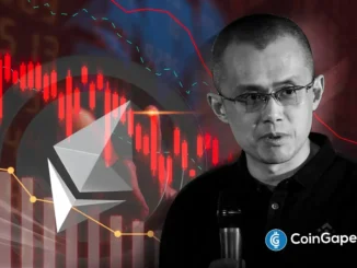 Changpeng Zhao (CZ) com gráfico de queda do Ethereum ao fundo e logo da CoinGape.