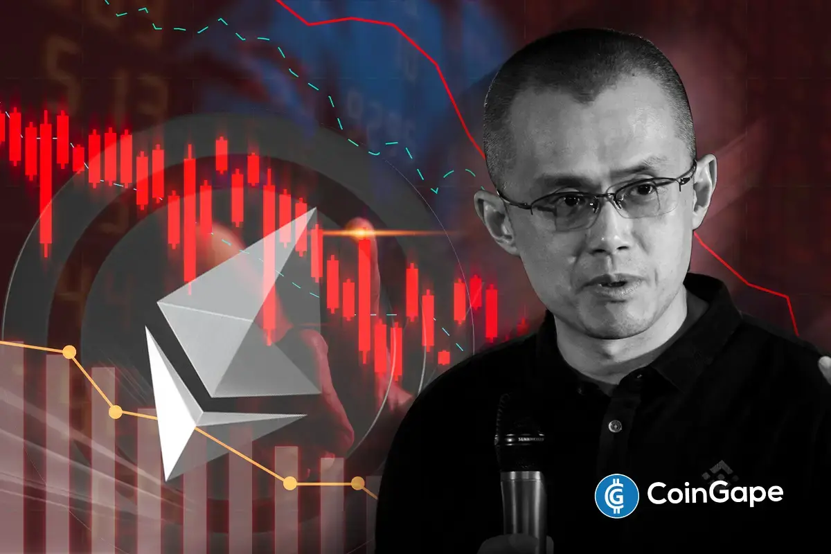 Changpeng Zhao (CZ) com gráfico de queda do Ethereum ao fundo e logo da CoinGape.