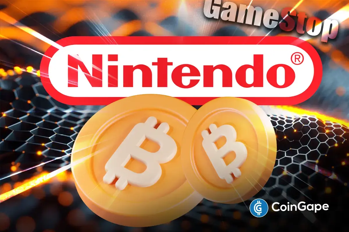 Logotipo da Nintendo com moedas de Bitcoin e referência à GameStop no fundo tecnológico.