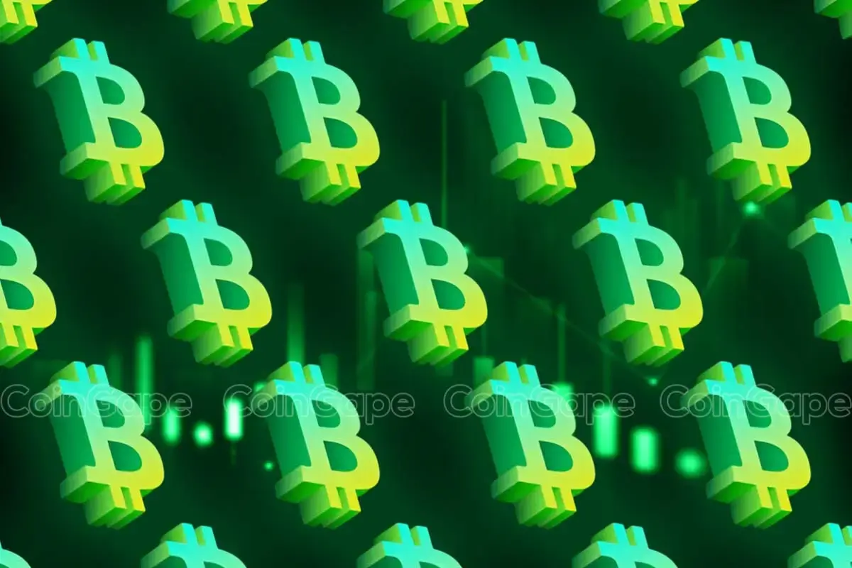Múltiplos símbolos tridimensionais do Bitcoin em tons verde e amarelo sobre fundo verde escuro.