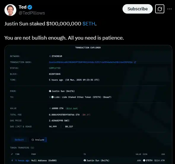 Captura de tela de um tweet de Ted Pillows mostrando que Justin Sun fez staking de 60.000 ETH (US$ 100 milhões).