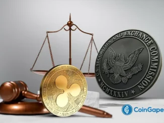 Moeda XRP da Ripple ao lado de uma balança da justiça, martelo de juiz e o selo da SEC dos EUA.