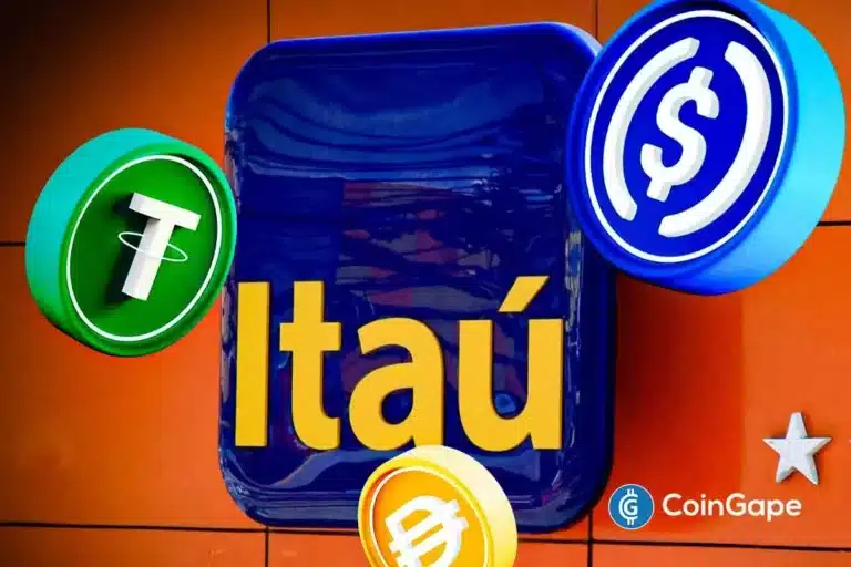 Logo azul do Itaú cercado por símbolos de criptomoedas e stablecoins como Tether (T) e USD Coin ($).
