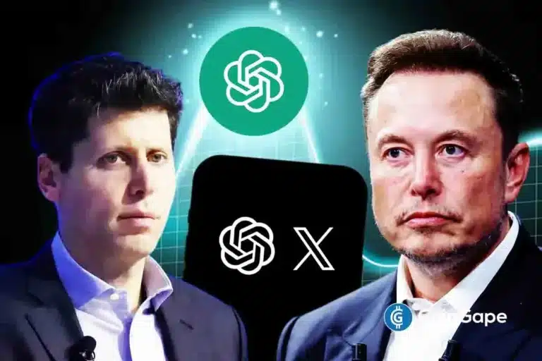 Sam Altman e Elon Musk lado a lado com os logotipos da OpenAI e do X entre eles, representando a competição no espaço de mídias sociais.