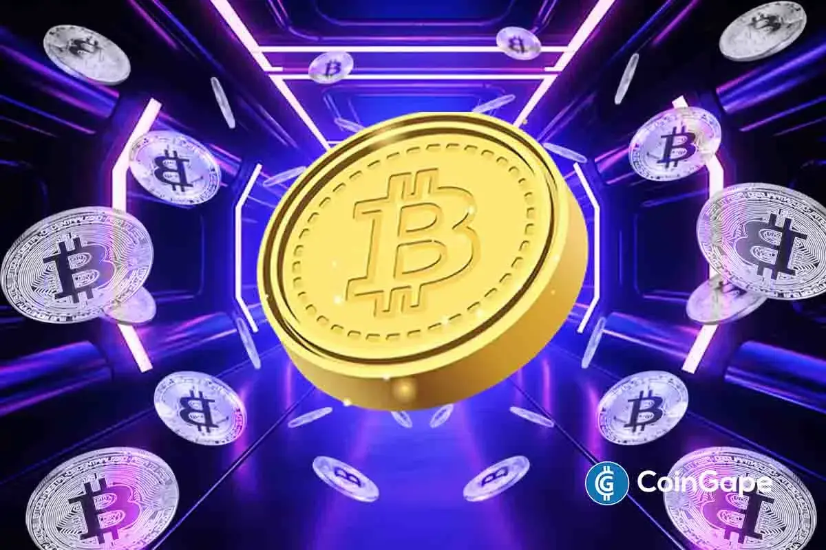 Imagem artística de uma moeda de Bitcoin dourada cercada por várias moedas prateadas do Bitcoin em um ambiente digital com iluminação em tons de roxo e azul.
